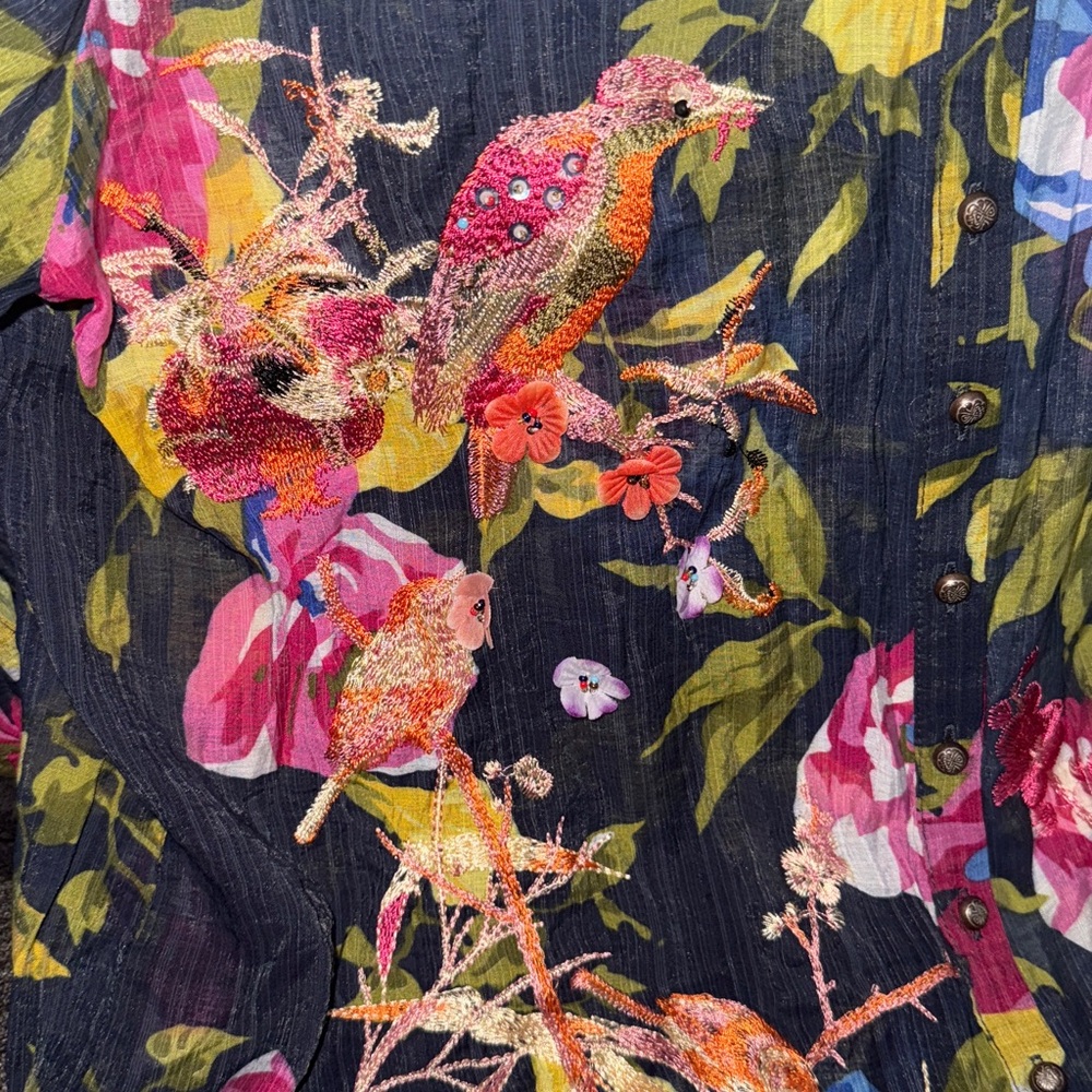 NWT aratta silent journey floral embroidered bird long sleeve button up bohemian - Picture 3 of 8